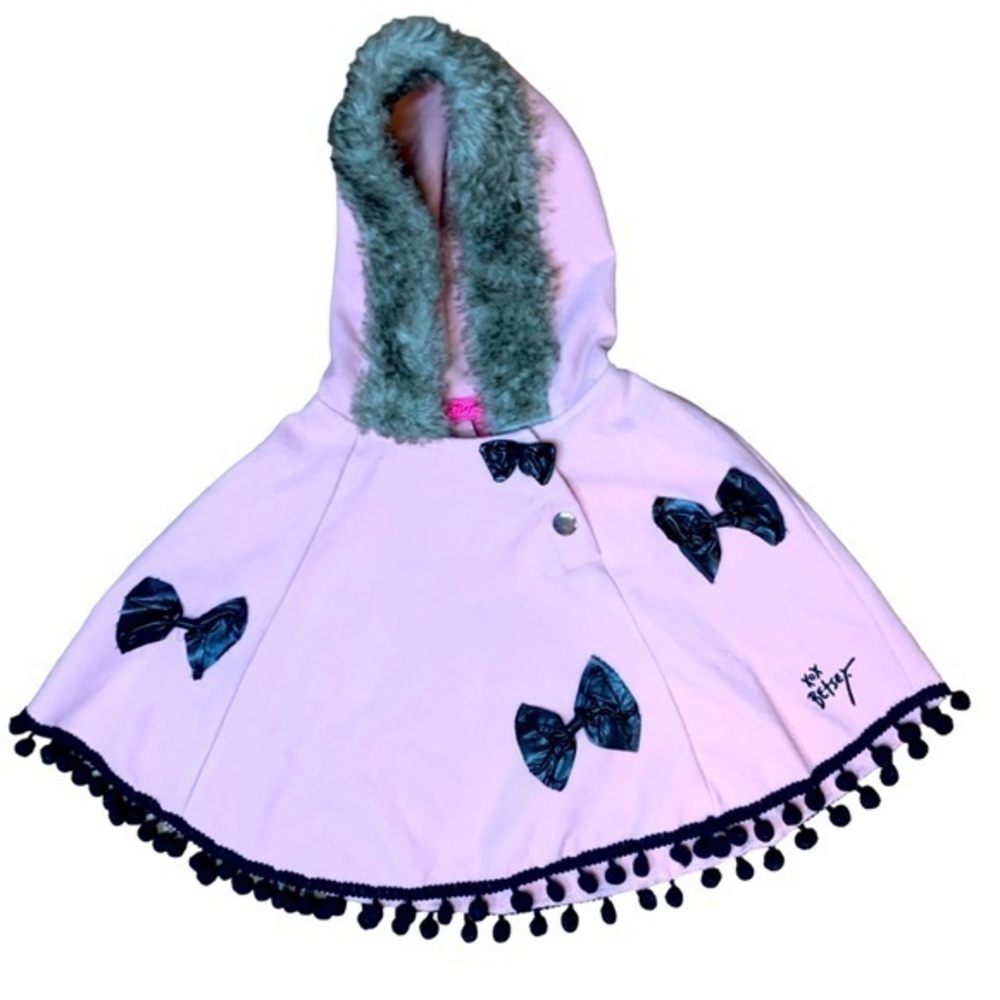 Betsey Johnson Pink Cape Size 2T Fur Trimmed Hood Black Bows and Trim
